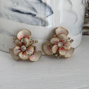 Vintage Clip- Enamel White & Coral Color Flower Earrings with Rhinestone Details